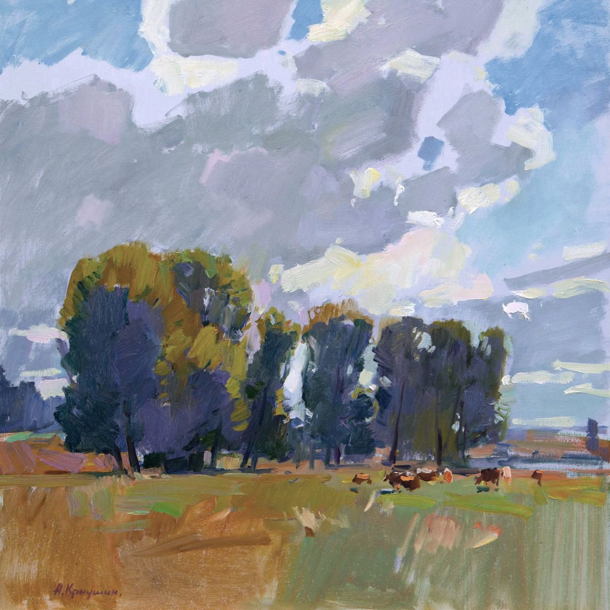 Impressionistic Landscape Oil Painting By Aleksandr Kryushyn, 24 X 24, Heavenly Pastures, Original Artwork