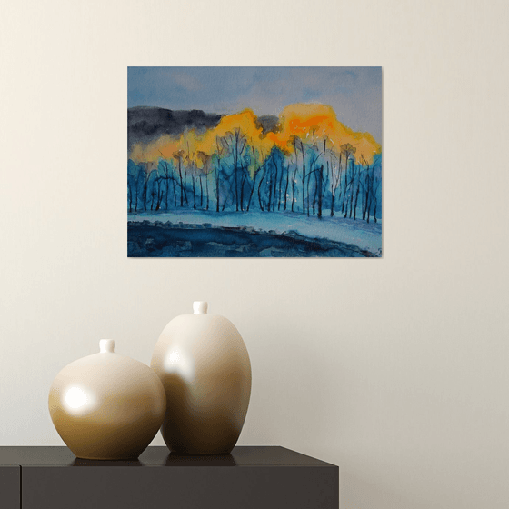 Norwegian watercolor painting Winter forest mountains, snowy fjords in sunset, frozen lake