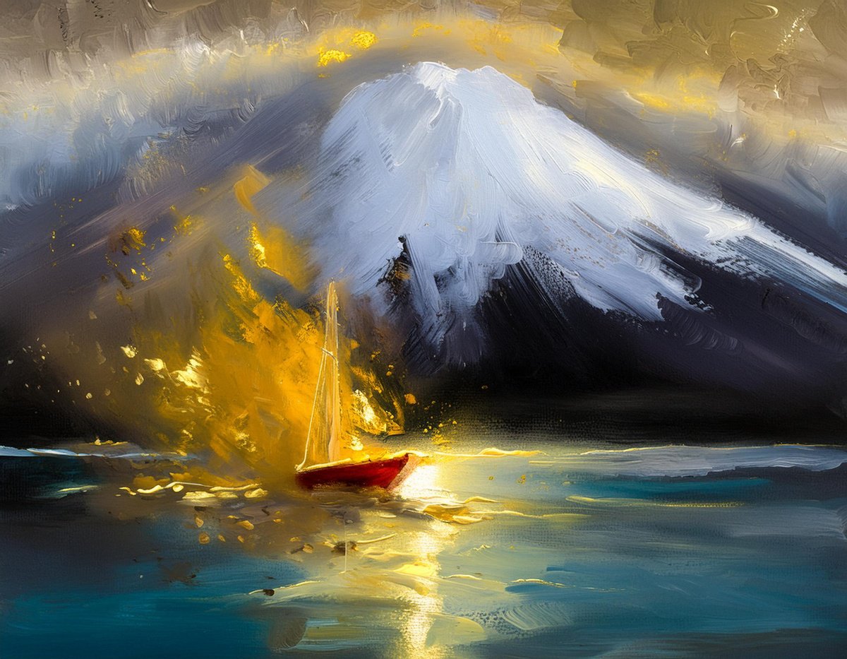 Sailing Alaska-Mount Denali Oil Abstract Seascape by Nikolina Andrea Seascapes and Abstracts