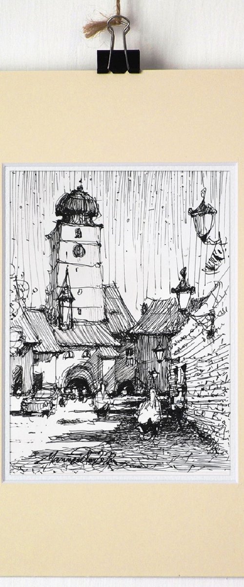 Sibiu, Romanian cityscape drawing, ink on paper, 2022 by Marin Victor