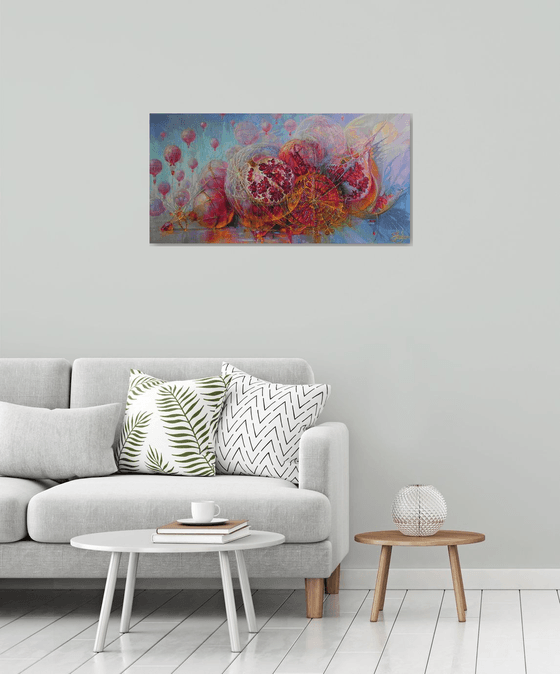 "Flying pomegranate" Original art Oil on canvas Contemporary home decor