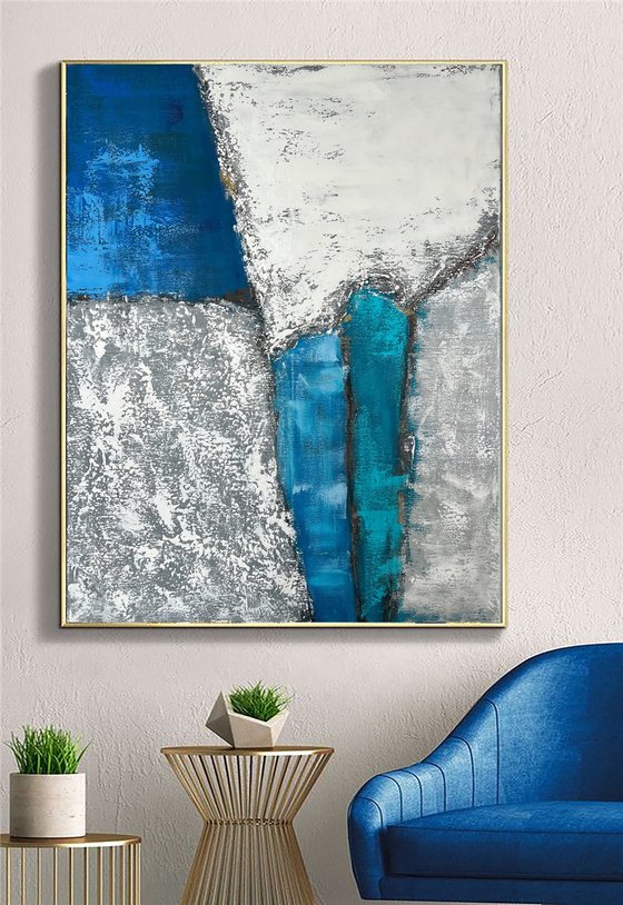 Turquoise vertical abstraction. White blue wall art.