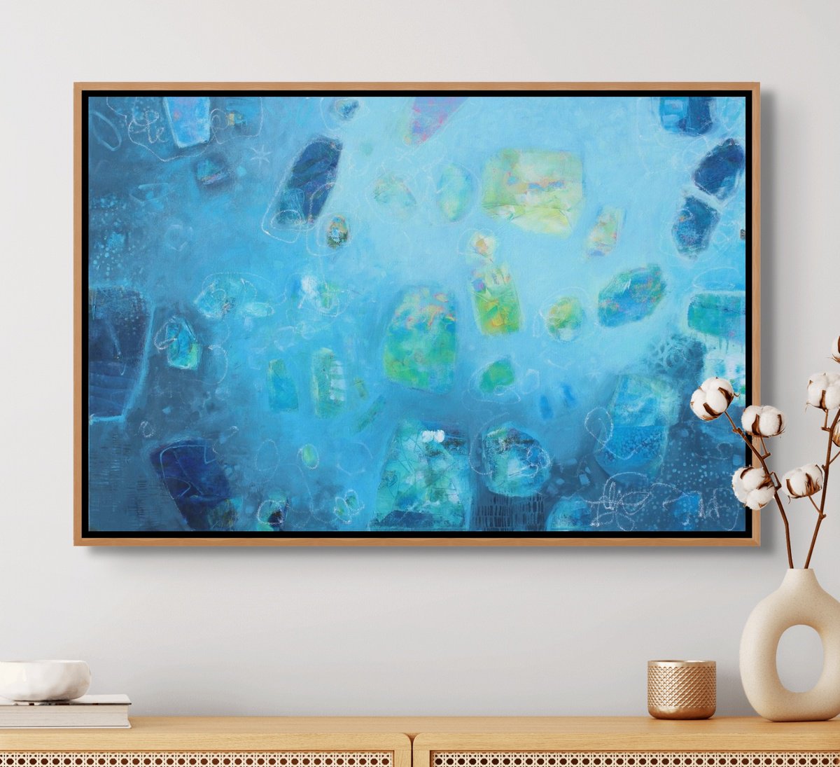 Expressive Abstract Acrylic Painting By Sage Mountain Studio, 36 X 24", Shades Of Blue, Original Artwork