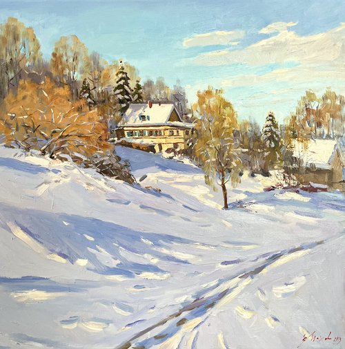 Winter Village Landscape by Evgeniia Mekhova