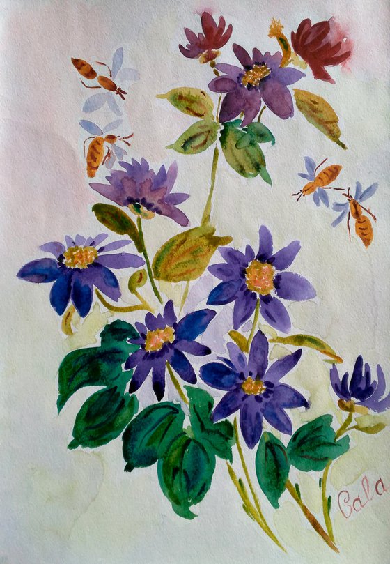 Honeybee Painting Original Watercolor Artwork Flower Art Home Decor 12 by 17" by Halyna Kirichenko