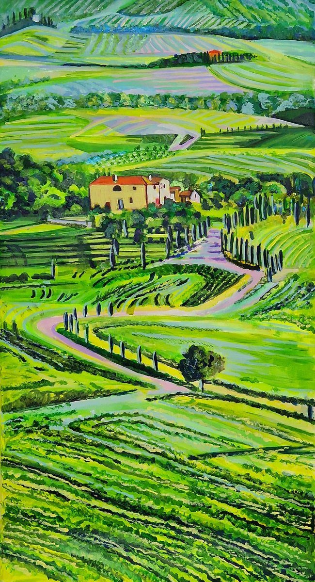 Impressionistic Landscape Acrylic Painting By Alexandra Djokic, 17 X 32, Landscape Of Tuscany, Original Artwork