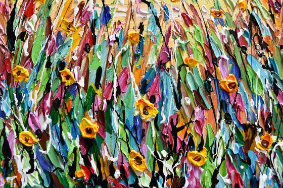 Yellow Flowers Meadow - Abstract Floral Painting, Textured Palette Knife Art