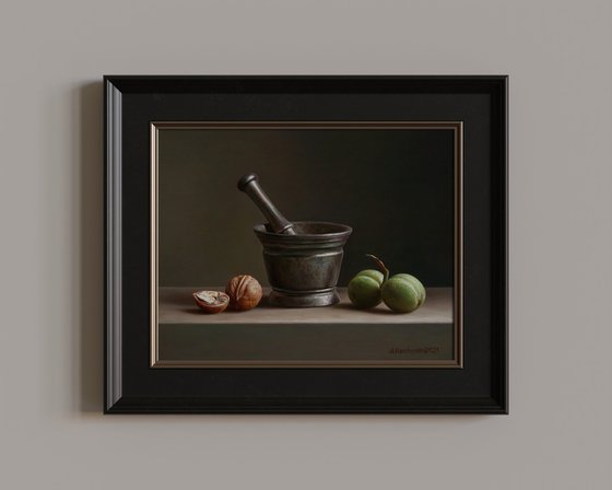 Still life with a bronze mortar