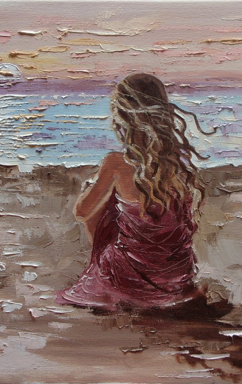" LONELY EVENING ... " SUN SKY SEA SAND liGHt  ORIGINAL OIL PAINTING, GIFT, PALETTE KNIFE by Monika Luniak