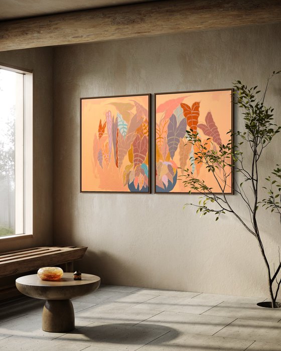 ‘Burnt Coral Alocasia and Begonia’ diptych