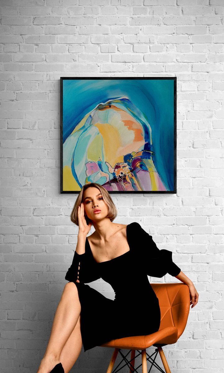 Organic Landscape Acrylic Painting By Maria Paunova, 31 X 31", House On The Top, Original Artwork