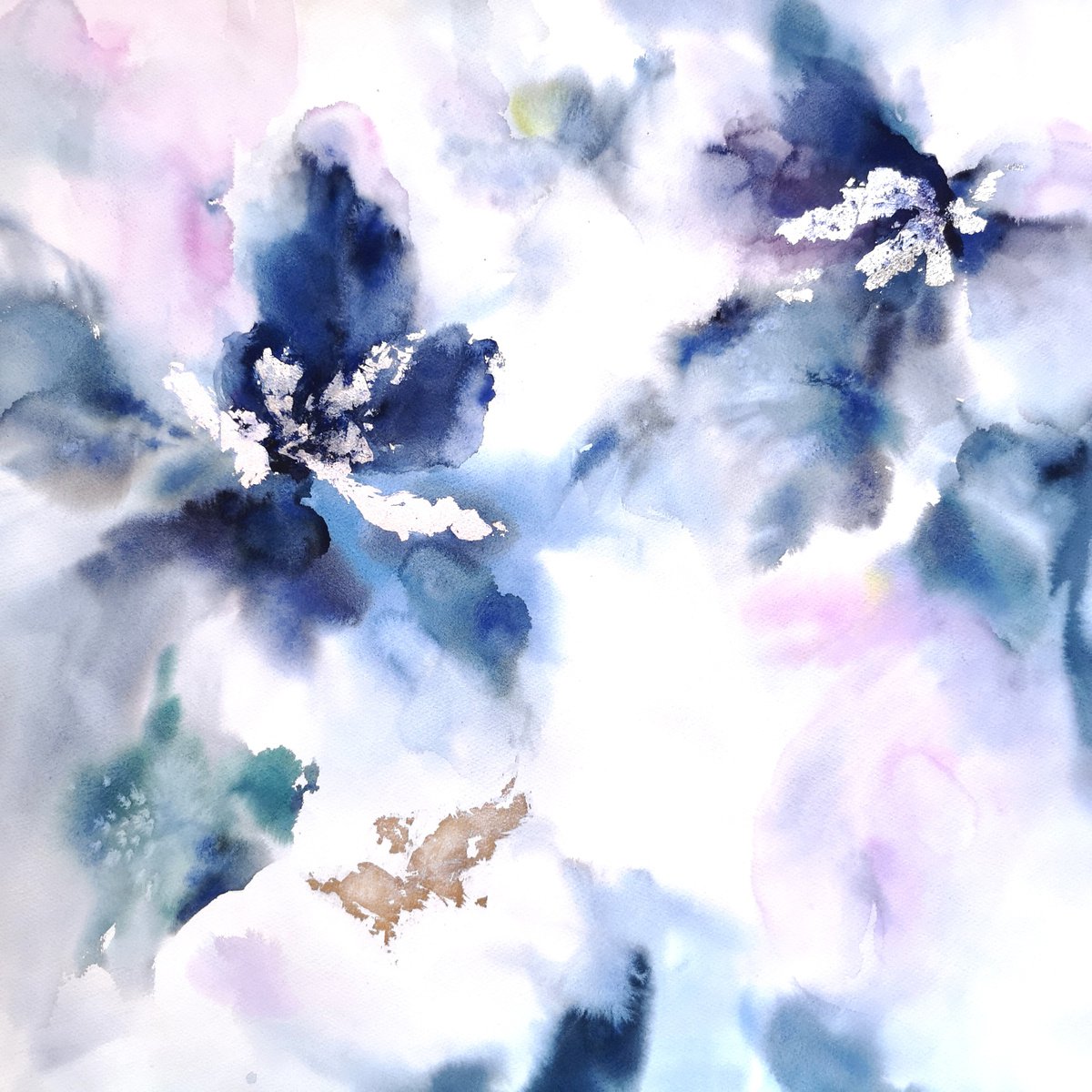 Navy blue abstract flowers, watercolor floral painting by Olya Grigo