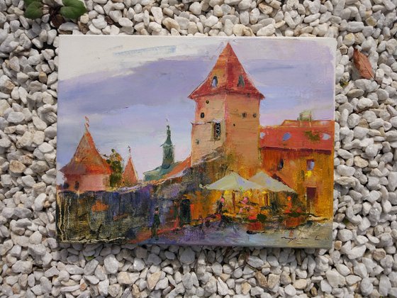 Ancient castle in Bardejov. Slovakia . Original plain air oil painting