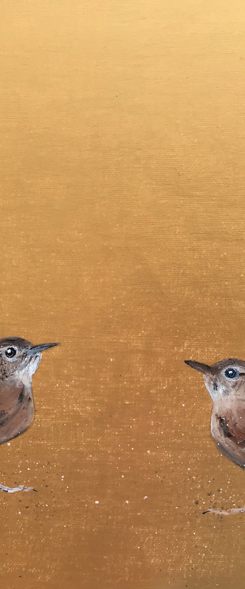 How About It? Two Little Wrens on Gold by Laure Bury
