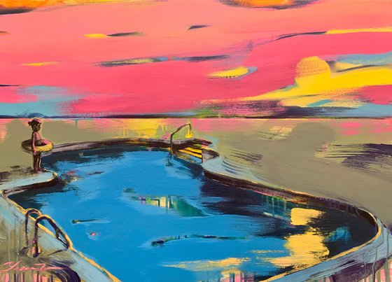Big horizontal painting - "Pink and Yellow" - Pop Art - Palms - Swimming pool - Diptych