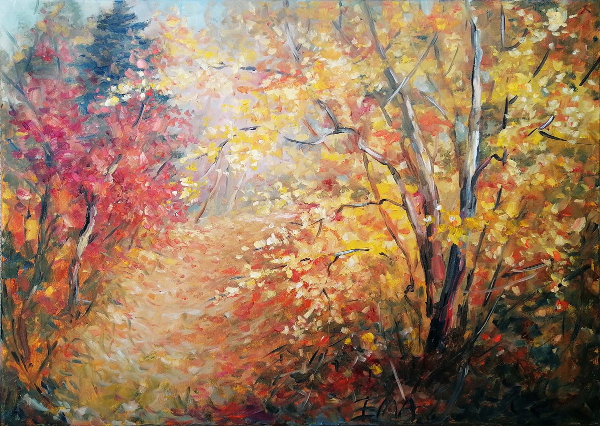 SPLENDID ALLEY, 70x50cm, autumnal path with trees landscape by Emilia Milcheva
