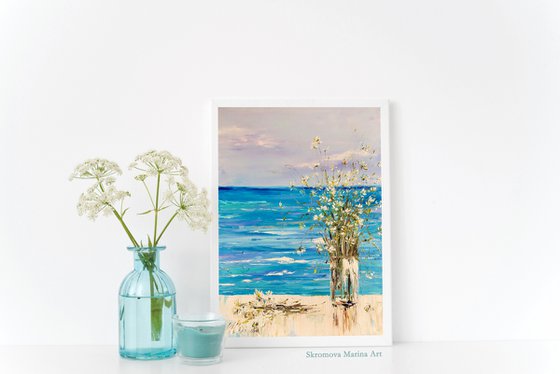 SEA VIEW - Sea motives. Delicate bouquet. Waves. Daisies. Horizon. Memories. Storm. Deep sea. Ocean. Shore.