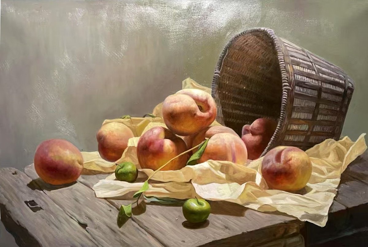 Photorealistic Still Life Oil Painting By Kunlong Wang, 35 X 24", Peaches On The Table C240, Original Artwork