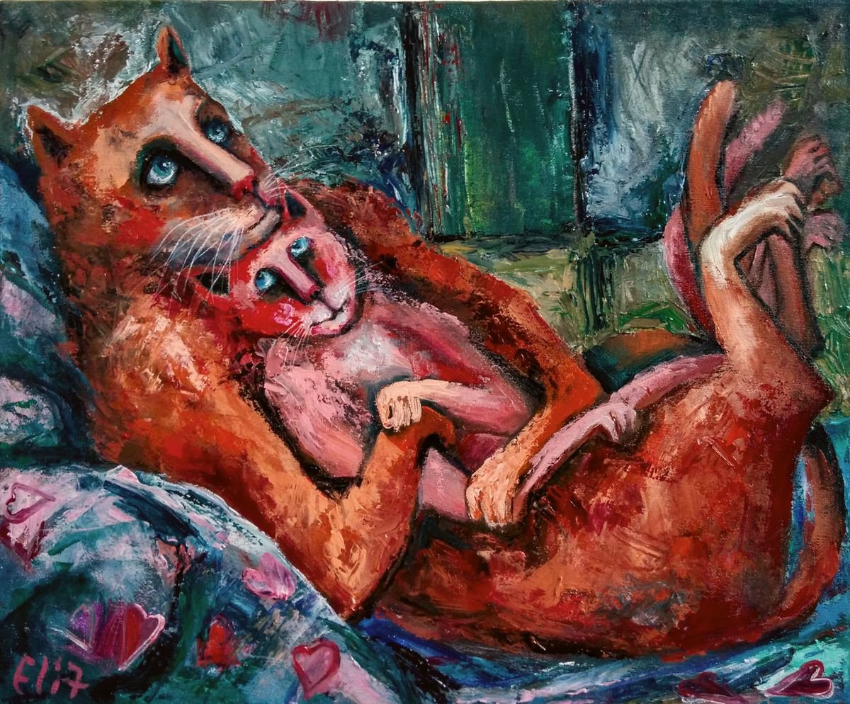 Expressive Animal Acrylic Painting By Elisheva Nesis, 20 X 16, When The Owners Are Outdoors, Original Artwork