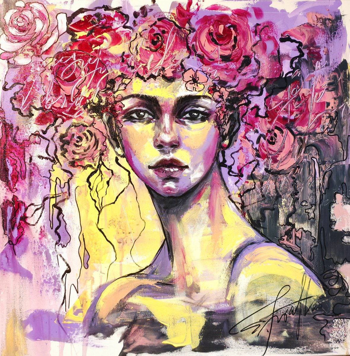 Expressive Portrait Acrylic Painting By Elena Kraft, 31 X 31, - Where Dreams Are Born - ?, Original Artwork