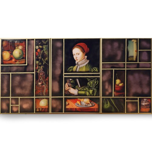 Renaissance portrait A1163 - triptych, original acrylic painting and collage by artist Ksavera by Ksavera