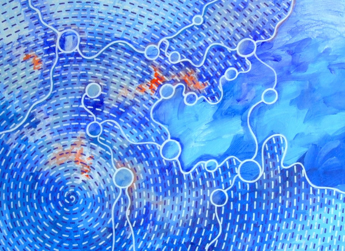 Abstract Acrylic Painting By Marina Krylova, 28 X 20", Secret Wellsprings #38, Original Artwork