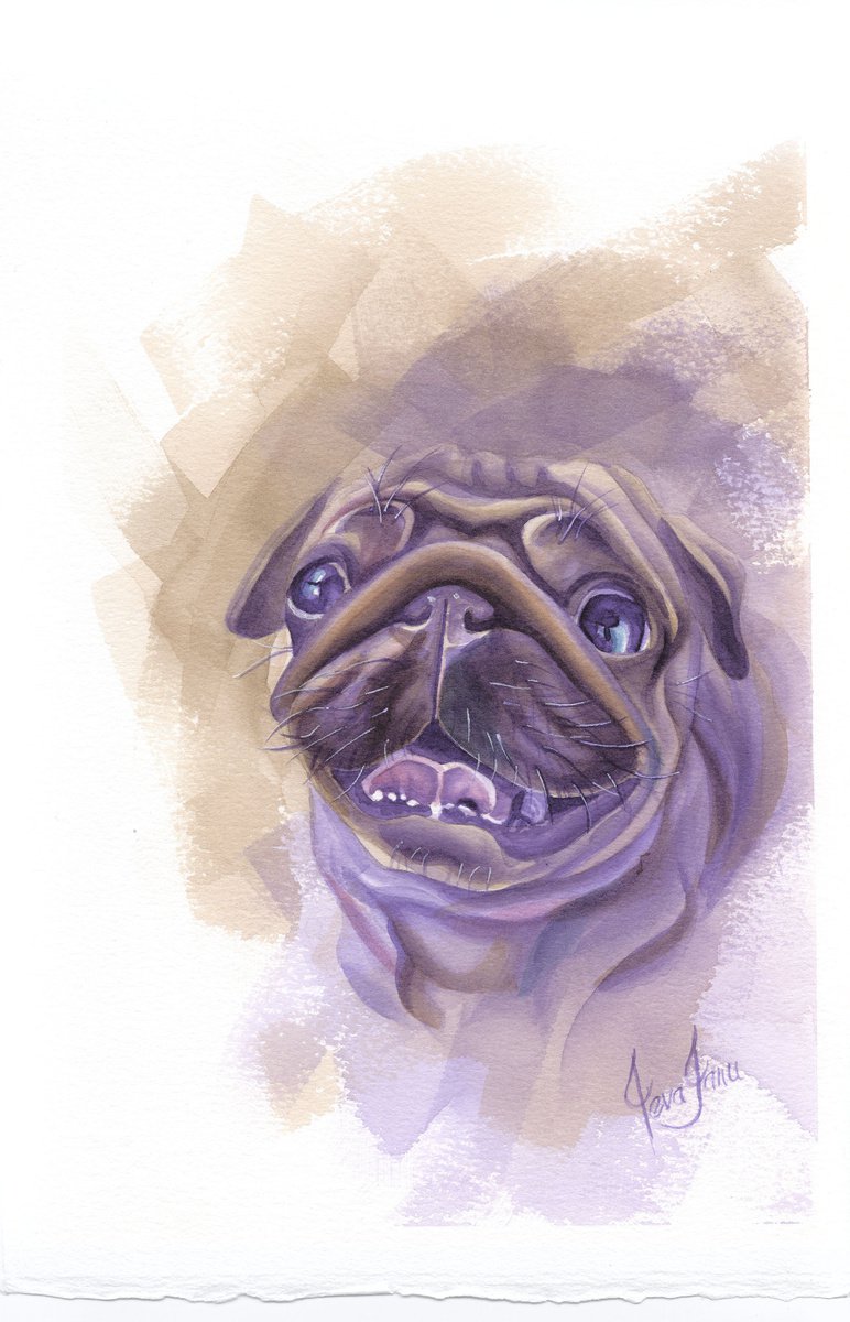 Simply Happy - Pug watercolor painting by ieva Janu