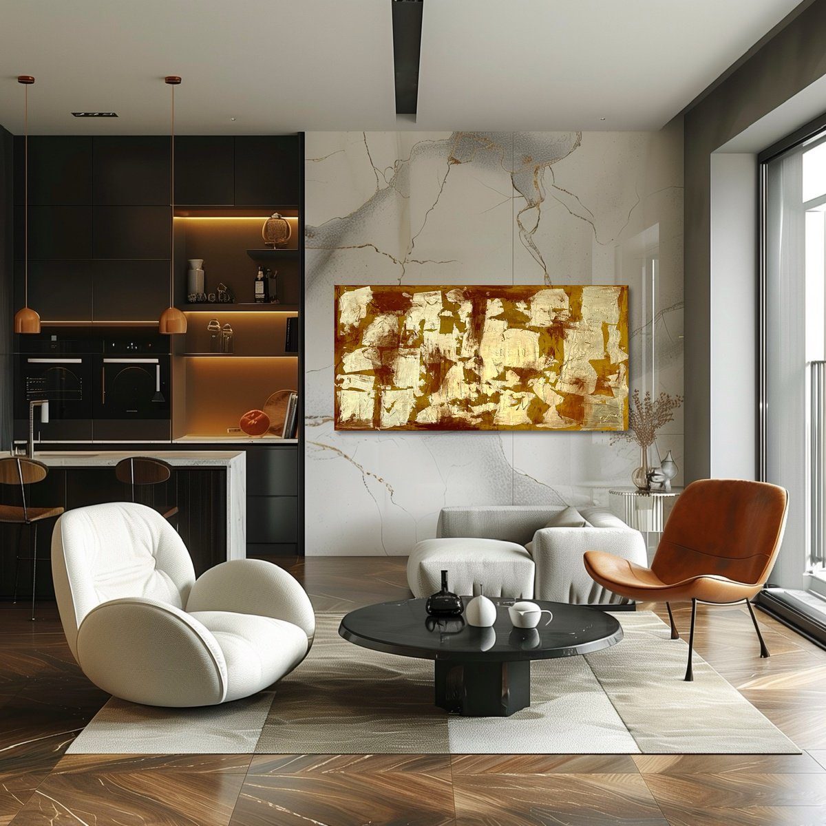 Abstract Acrylic Painting By Exclusive Arts, 47 X 24, Gold Leaf, Brown, Yellow, Original Artwork