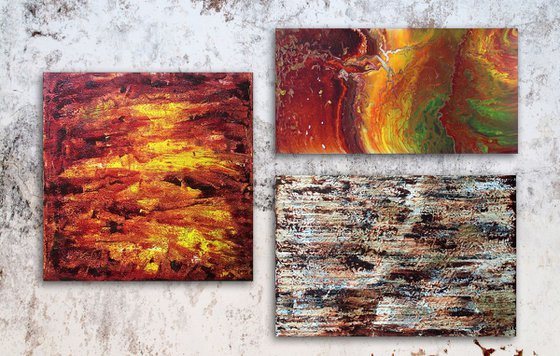 "Earth, Wind and Fire" - Save As Series - Original Large PMS Abstract Triptych Acrylic Paintings On Canvas - 66" x 42"