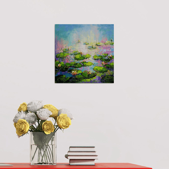 Water lilies at sunset - painting original oil, canvas