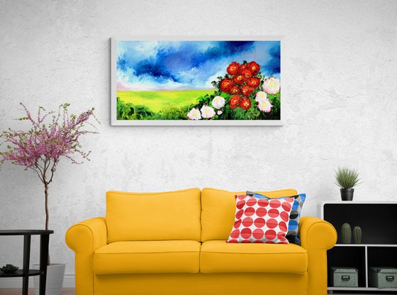 White and red camellia flowers. Original landscape oil painting on canvas.