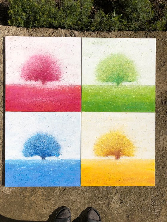 Four seasons. Set of four abstract tree painting on canvas 50-50cm