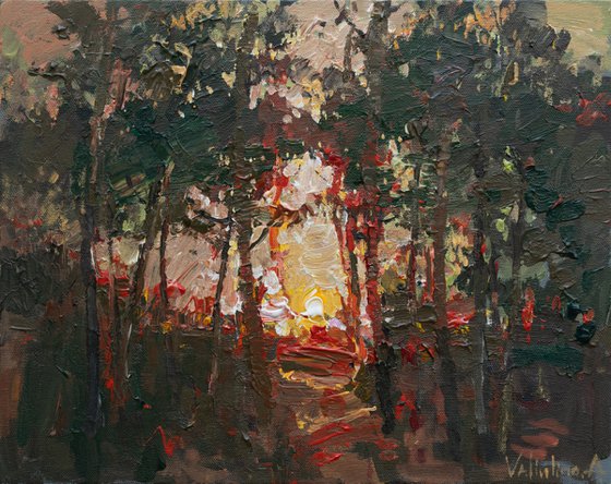 Autumn forest at sunset  Landscape painting