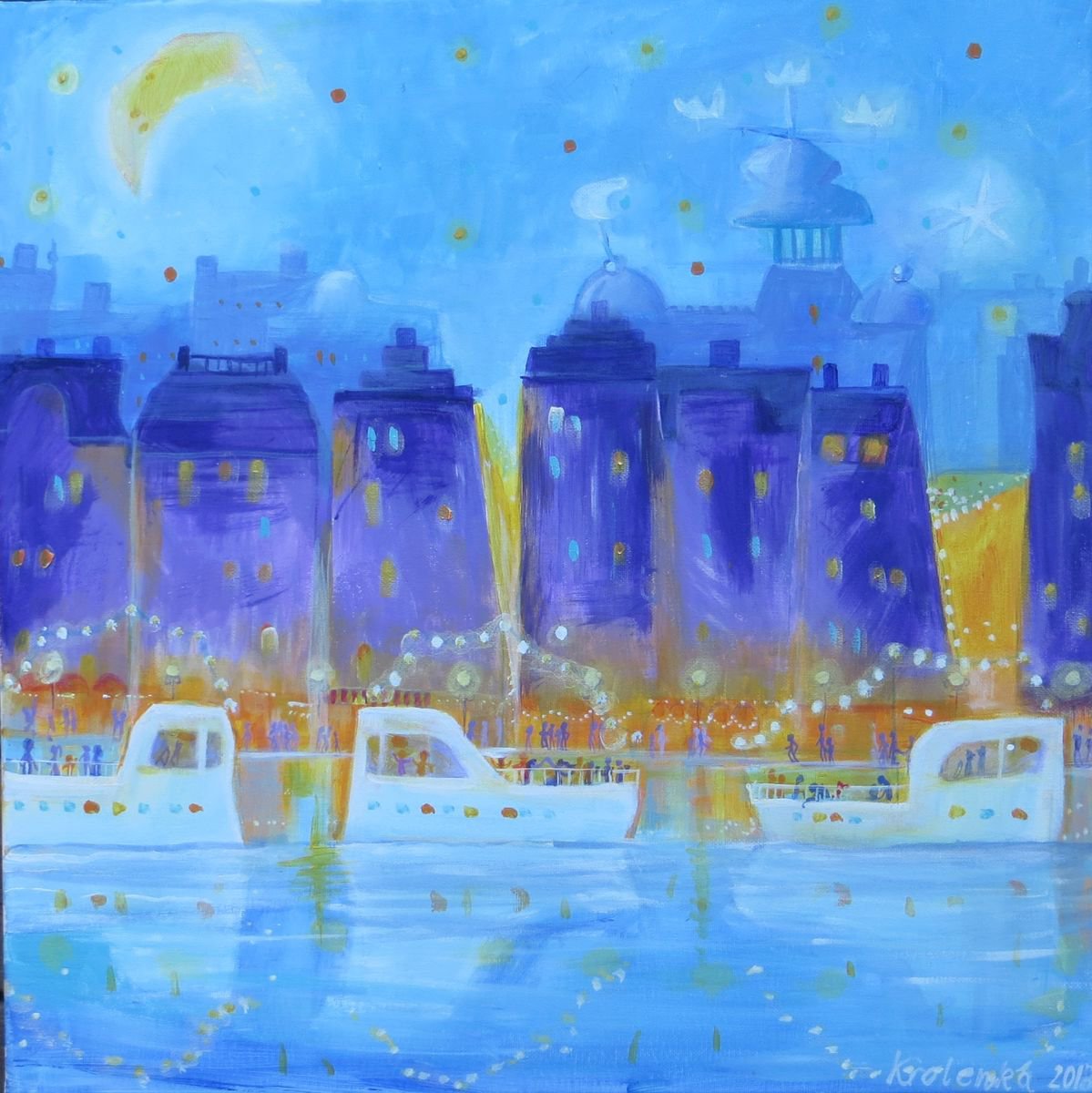 Cityscapes Acrylic Painting By Alexandra Krasuska, 20 X 20, Hot Summer Night In The City, Original Artwork