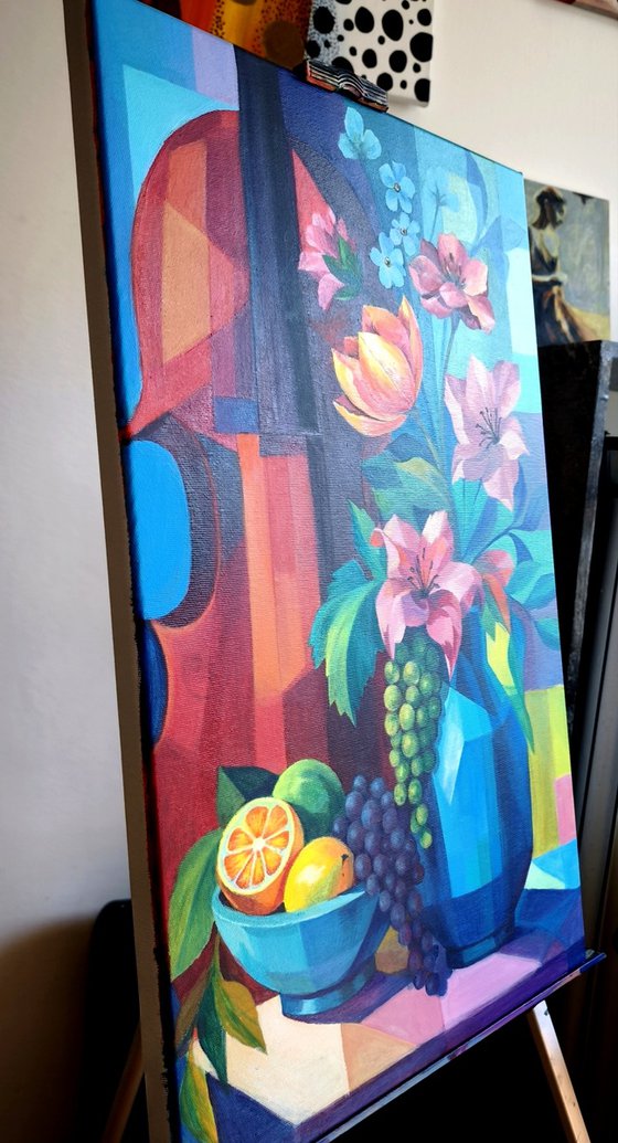 Colorful Floral Still Life with Cello