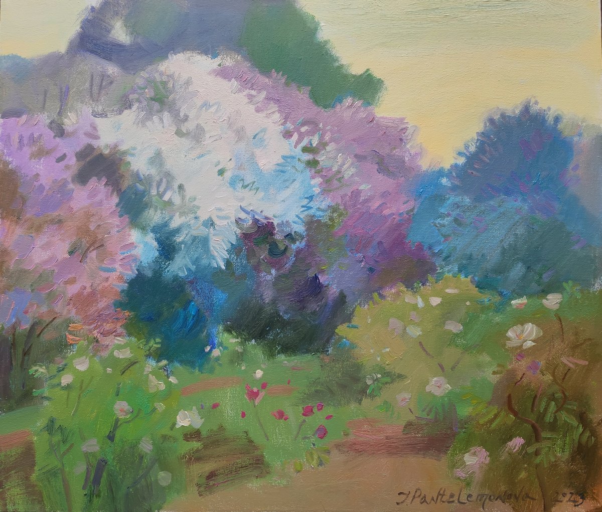 Impressionistic Landscape Oil Painting By Inna Pantelemonova, 29 X 25, Morning In The Garden, Original Artwork