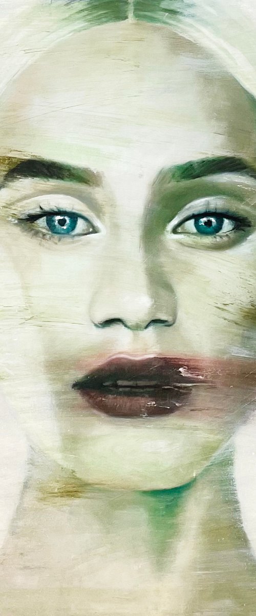 Alisa | beautiful model green tones painting in oil on canvas large contemporary portrait female model by Renske Karlien Hercules