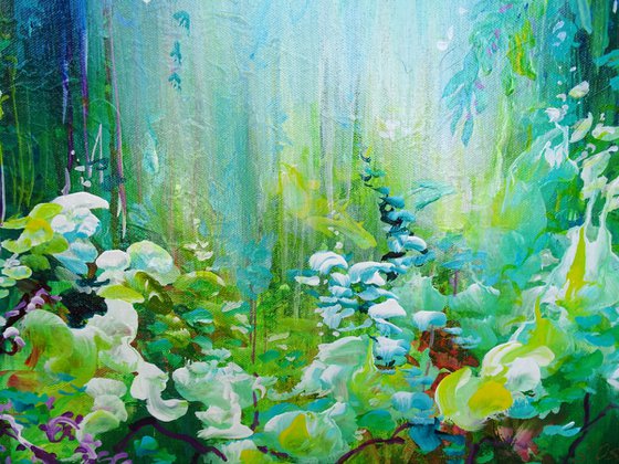 TROPICAL RAINFOREST II. Orchid Flowers Acrylic Square Painting on Canvas