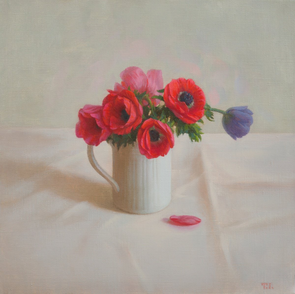 Photorealistic Still Life Oil Painting By Irina Trushkova, 14 X 14, Anemones, Original Artwork