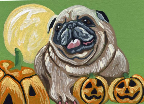 ACEO ATC Original Miniature Painting Halloween Pug Dog Pumpkin Art-Carla Smale