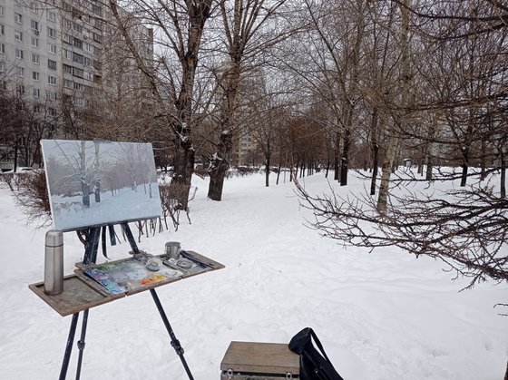 Snow-covered boulevard in Maryino