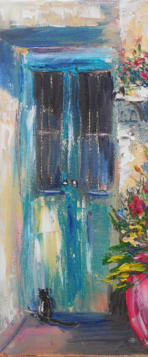 Door, flowers and cat by Oksana Fedorova