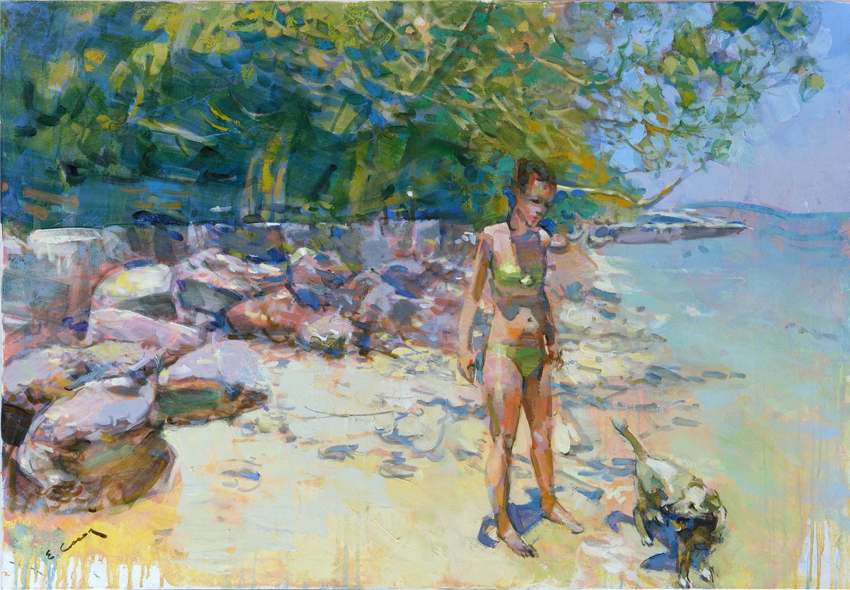 Expressive Landscape Oil Painting By Eugene Segal, 43 X 30, Girl With A Dog, Original Artwork