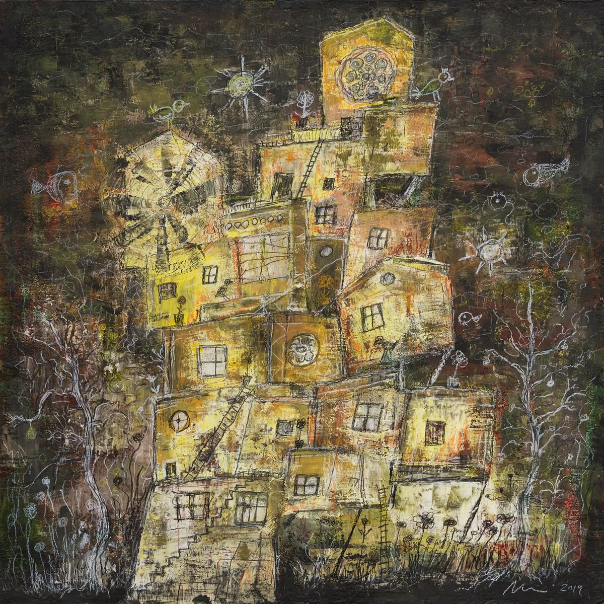 Expressive Cityscapes Painting By Peter Zelei, 20 X 20", The Mill, Original Artwork