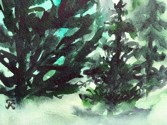 Pine Tree Art, Original Watercolor Painting, Forest Artwork, Mountain Wall Art, Christmas Gift