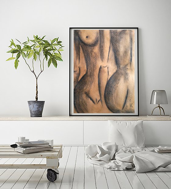 Lesbian Painting LGBT Original Art Couple Artwork Female Nude Drawing Woman Nude Charcoal Sketch Erotic Painting Home Wall Art 12 by 17" by Halyna Kirichenko