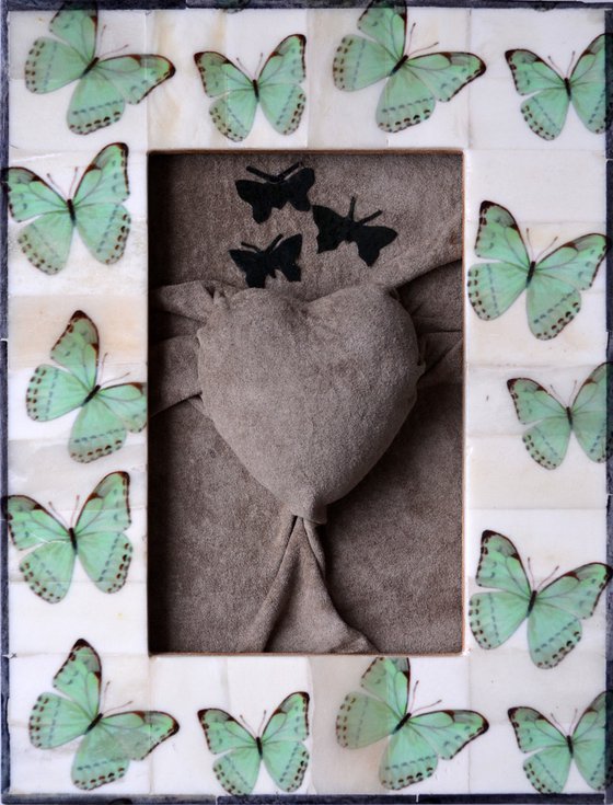 Lovers Heart 45 - Butterflies of Love - Original Framed Leather Sculpture Art Perfect for Gift