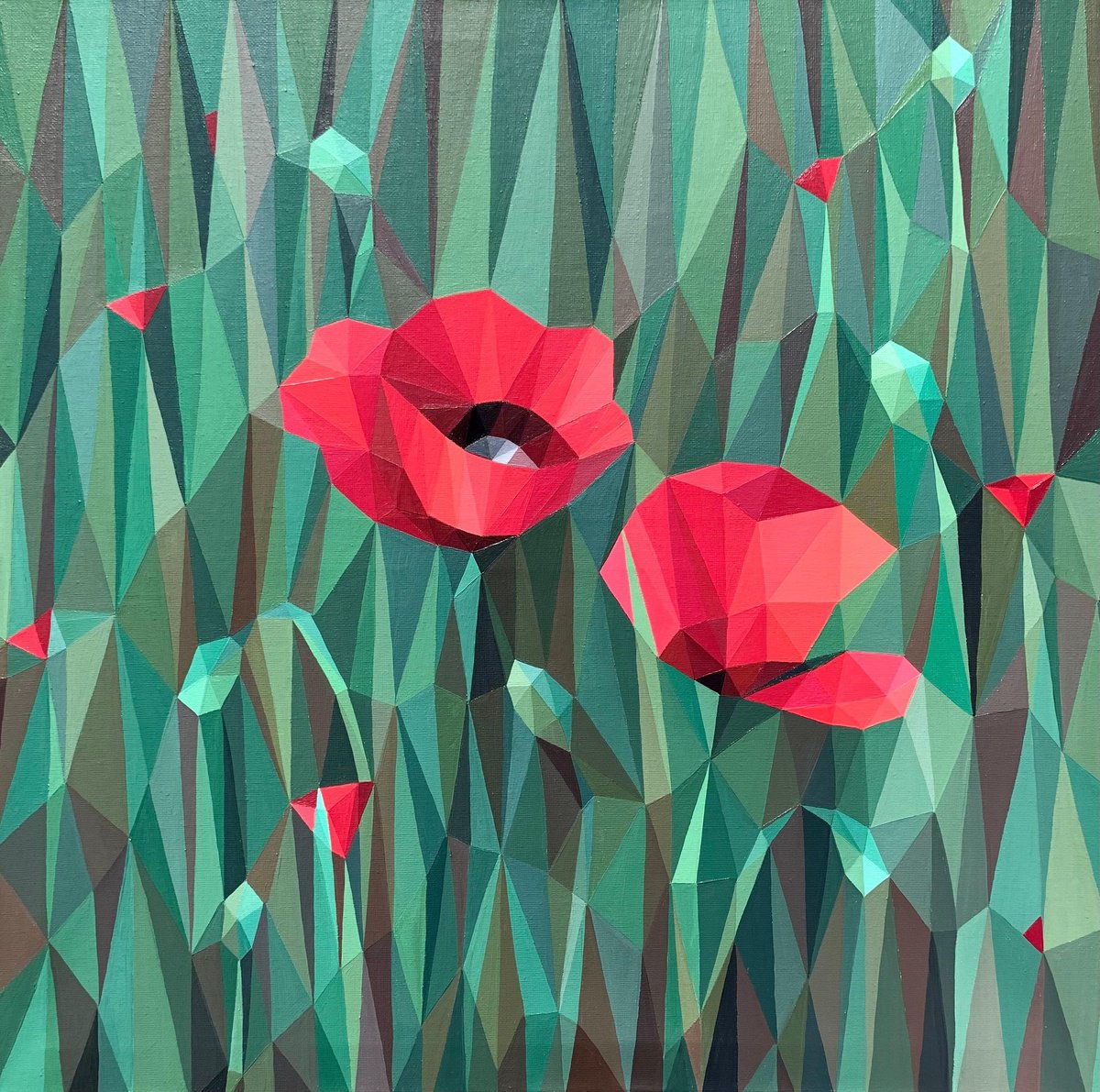 Two Red Poppies By Maria Tuzhilkina, 20 X 20, Artwork For Sale On Artfinder