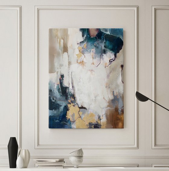 "Breeze" Abstract teal gold gray acrylic art