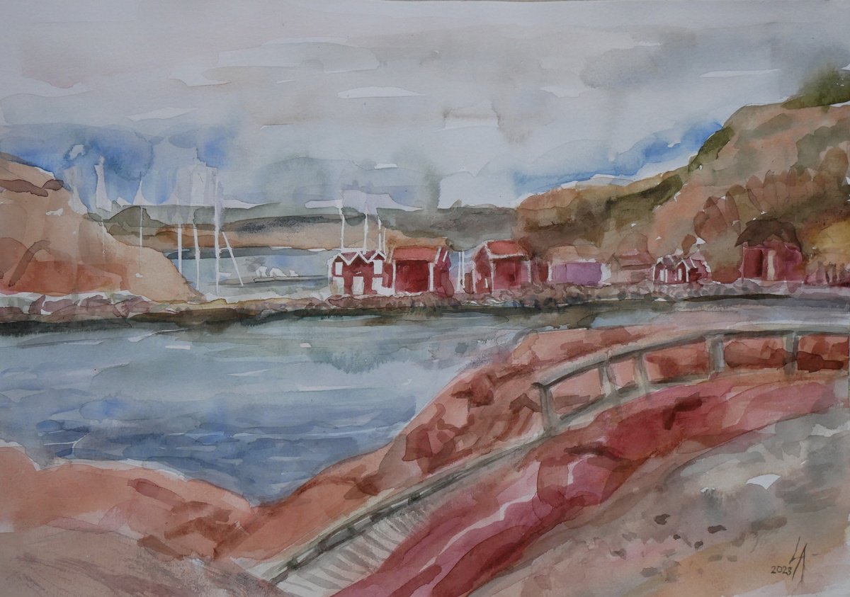 Impressionistic Landscape Watercolour By Elena Lykhodid, 12 X 8, Lysekils Coast, Original Artwork